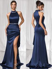 Coutiva 女式正式立领无袖合身开衩下摆晚礼服 - 藏蓝色 - 查看 1