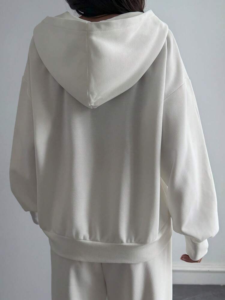 Women's Autumn Letter Embroidery Drop Shoulder Long Sleeve Zipper Front Casual Sweatshirt Hoodies