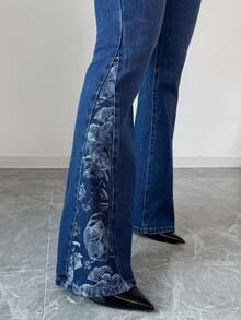 Elenzga 2pcs/Set Women Stylish Denim Outfit, Long Sleeve Cold Shoulder Top And High Waist Pants - Medium Wash - View 5