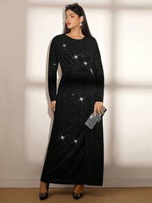 Zelara Plus Size Black Autumn Elegant Formal Dinner Evening Dress Glitter Velvet Crinkle Fabric Twist Waist Long Sleeve Sequin Sparkly New Year Diva Dress - Black - View 5