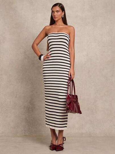 SHEIN Glamour Vestido de suéter largo sin tirantes de mujer de punto elegante en negro y blanco, de nueva temporada primavera/verano