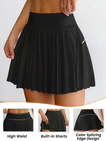 CourtClass Casual Simple Plain Pleated Sports Skirt Shorts, Summer