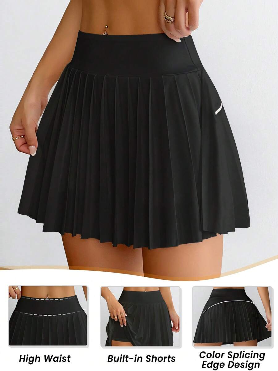 CourtClass Casual Simple Plain Pleated Sports Skirt Shorts, Summer - Black - View 1