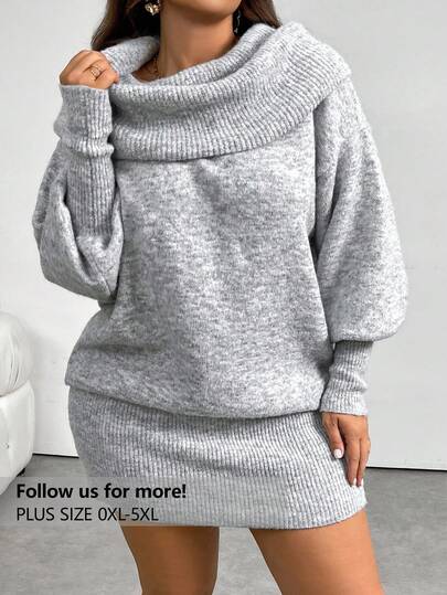 Firerie Plus Size Casual Vintage Inspired Y2K Style Grey Off Shoulder Long Sleeve Sweater Dress, Comfortable & Versatile For Daily Wear, Suitable For Fall/Winter Autumn