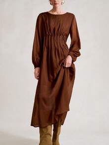 SHEIN Stylify 25+ 成熟女性仿天丝圆领插肩袖腰部褶皱 A 字长裙，纯棕色褶边浪漫波西米亚风中长裙，女士工作服，秋冬 - 棕色 - 查看 4