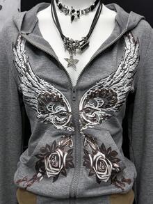 EgrlEra 女士街头风休闲印花拉链卫衣 - 灰色 - 查看 3