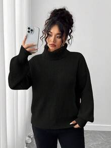 Elenzga Suéter holgado de punto acanalado de cuello alto de unicolor, otoño, talla grande - Negro - Ver 3