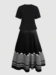 SHEIN Clasi Conjunto de vestido con cintura elástica y dobladillo de paraguas talla grande talla grande, y cárdigan de manga corta - Blanco y Negro - Ver 4