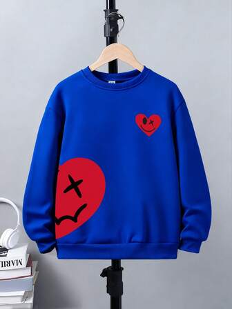 SHEIN 1pc Boys' Casual Smiling Face & Heart Print Fleece Crew Neck Sweatshirt, Autumn/Winter, Part Of Family Matching Outfits (Mommy And Me, 4 Pieces Sold Separately)