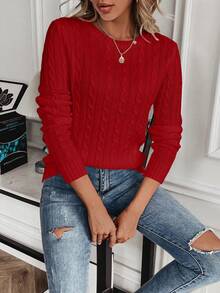 EMERY ROSE Women's Casual Cable Pattern Crew Neck Long Sleeve Sweater, Autumn/Winter - Red - View 6