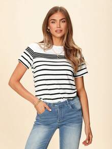 SHEIN LUNE 女式条纹拼布休闲圆领短袖 T 恤，春夏 - 白色 - 查看 1