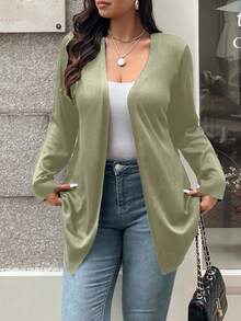 Vionelle Plus Size Casual Solid Color Front Open Cardigan, Autumn Sage Green Plus Size Cardigan Green Cardigan Women Cardigan Women Olive Green Women - Green - View 4