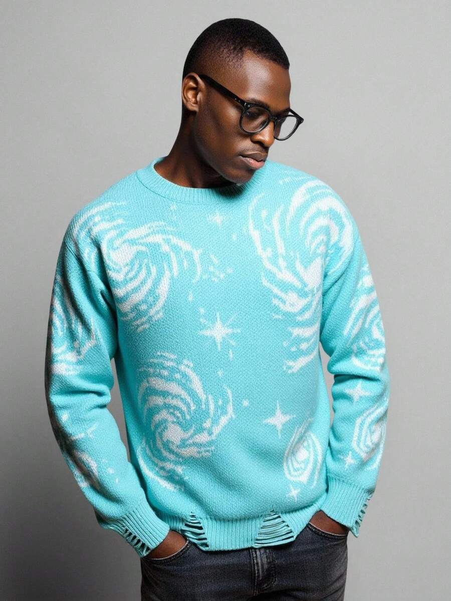 Manfinity Roghcode Men's Casual Starry Sky Pattern Distressed Sweater, Autumn/Winter Turqoise Clothes Men Men Long Sleeve Knit Turquoise Sweater Men - Blue and White - View 1