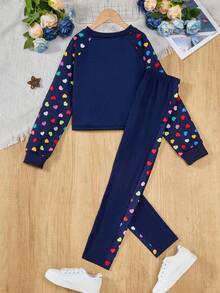 Set de 2 piezas de sudadera con cuello redondo y mangas raglán con estampado de corazón y leggings para niñas preadolescentes, otoño - Azul Marino - Ver 2