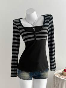 Comfortcana Women's Casual Punk Style Striped T-Shirt - Dark Grey - View 3