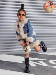 2pcs/Set Young Girl' Y2k Blue Denim Jacket With Furry Trim & Skirt, Autumn/Winter,Plush Fur Suit, Plush Denim Suit,Plush Fur Suit, Plush Denim Suit,Young Girl  Denim Set