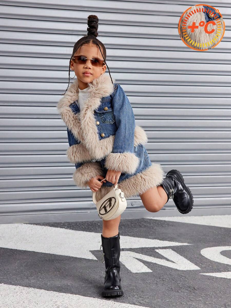 2pcs/Set Young Girl' Y2k Blue Denim Jacket With Furry Trim & Skirt, Autumn/Winter,Plush Fur Suit, Plush Denim Suit,Plush Fur Suit, Plush Denim Suit,Young Girl  Denim Set - Medium Wash - View 1