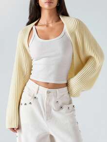 LYSMO 2025新款极简秋季女装简约休闲纯色罗纹针织短款开衫，春秋米色开衫披肩毛衣，适合外出穿，返校穿，毕业穿，街头穿和斯德哥尔摩风格，圣诞节毛衣 - 米色 - 查看 1