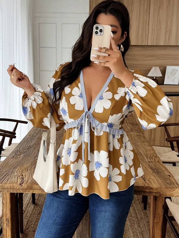 Weeklong Plus Size Women Casual Floral Print Ruffle Trim Tie Front Long Sleeve Shirt