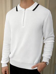 Manfinity Bizformal 男式撞色半拉链休闲长袖套头衫 - 白色 - 查看 6
