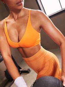 Powerista Sutien sport plisat de culoare uni pentru femei, pentru fitness, de zi cu zi