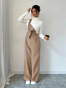 Elenzga Women's Solid Color Casual Corduroy Jumpsuit, Autumn/Winter - Khaki - View 4