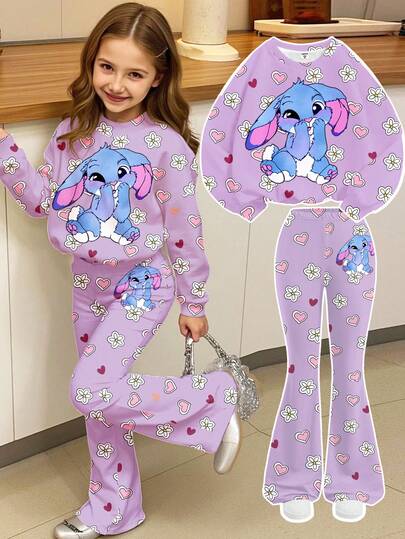 SHEIN Happikins Kawaii Cute Cartoon Blue Rabbit & Stitch Pattern, Retro Purple Heart Floral, Tracksuit, Outdoor Picnic, Casual Outing, Street Style, Home, Campus, Young Girl Loose Fit Round Neck Long Sleeve Sweatshirt 2 Pieces Set