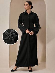 Graceveil Elegant Pleated Waist Floral Decor Long Shirt Dress, Suitable For Party And Commute, Autumn/Winter - Black - View 1