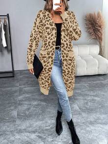 EMERY ROSE Cárdigan largo de mujer con estampado de leopardo y manga larga