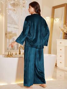 MuseNap CURVE LuxeNights 天鹅绒落肩长袖上衣和宽松休闲裤加大码睡衣套装纽扣睡衣套装蓝绿色睡衣套装，冬季服装 - 水鴨藍 - 查看 3