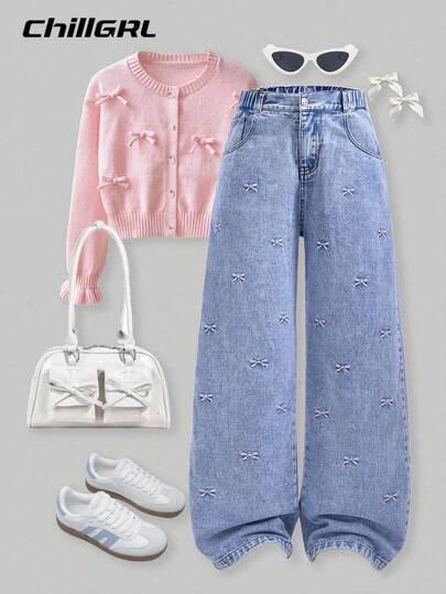 SHEIN Jeans de pierna ancha para niñas, pantalones rectos con diseño de lazo bordado, jeans de corte holgado para niñas