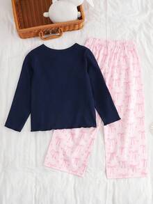SHEIN Young Girls Navy Ribbed Bow Print Long Sleeve Top And Bow Print Full Length Pants Pajama Set, Suitable For Home Wear, Made Of High Quality Soft Fabric, Machine Washable, Suitable For Spring, Autumn And Winter - Multicolor - View 2