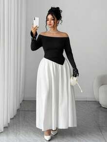 Elenzga Vestido asimétrico de mujer talla grande con hombros descubiertos, mangas acampanadas y perlas falsas, de estilo francés romántico y vintage elegante para otoño/invierno - Blanco y Negro - Ver 6