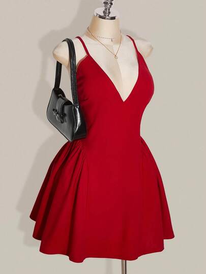 SHEIN ICON Plus Size Women's Solid Red Mini A-Line Peplum Deep V-Neck Sexy Elegant Waist Backless A-Line Dress, Party Dress, Christmas, Banquet, Date, Valentine's Day