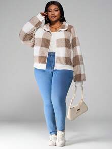 SHEIN PETITE CURVE Plus Size Women's Plaid Long Sleeve Short Plush Jacket, Fall And Winter,Women Jacket ,Fall Women Jackets,Going Out Tops,Flannels Women,Business Casual Women,Plaid Jacket,Wedding Guest,Winter Plus Size Brunch Plus Size Winter Plus Size Casual Plus Size Fall Jacket - Apricot - View 6