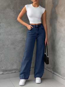 EURMUSE 100%Cotton Bleach Wash Straight Leg Jeans - Dark Wash - View 4