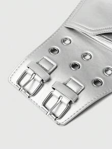 ROMWE Grunge Punk Y2K Punk Style Black Metal Rivet Eye Multi-Pocket Adjustable Metal Buckle Fanny Pack For Women - Silver - View 3