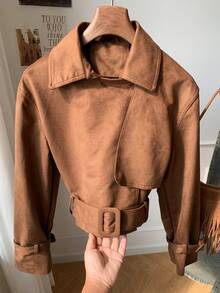 Comfortcana Áo khoác trench coat dài/ngắn cổ bẻ dáng rộng cho nữ - Cà phê nâu - Xem 6
