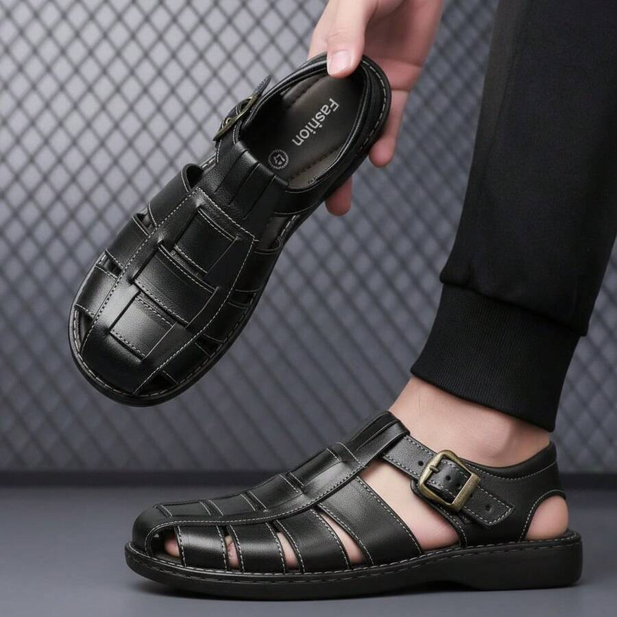 Sandalia artesanal para hombre – cuero genuino con hebilla, punta redonda y estilo retro casual - Negro - Ver 1