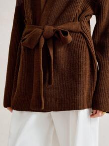 Aalyst Women's Minimalist Loose Textured Solid Color Long Sleeve Knit Cardigan, Autumn/Winter - Brown - View 4