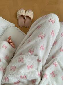 Teen Girl Flannel Bow Print Lapel Collar Long Sleeve Pants Loungewear Set - Multicolor - View 6