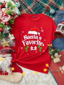 SHEIN Essnce T-shirt rouge ample et décontracté à col rond avec impression du lettrage de Noël et du bonnet de Père Noël. T-shirt femme à manches courtes convenant pour Noël, les fêtes de Noël, le renne de Noël, les rassemblements de Noël, les fêtes de famille, les tenues assorties en famille, les couples, les sœurs - Rouge - Voir 2