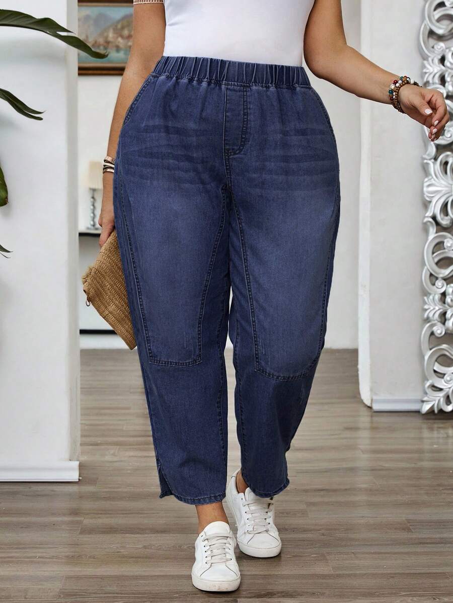 EMERY ROSE Jeans de talle elástico con ajuste holgado y pierna entallada para mujer de talla grande - Azul lavado oscuro - Ver 1
