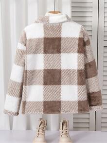 Tween Girl Plaid Print Button Front Long Sleeve Jacket, Autumn/Winter - Multicolor - View 2