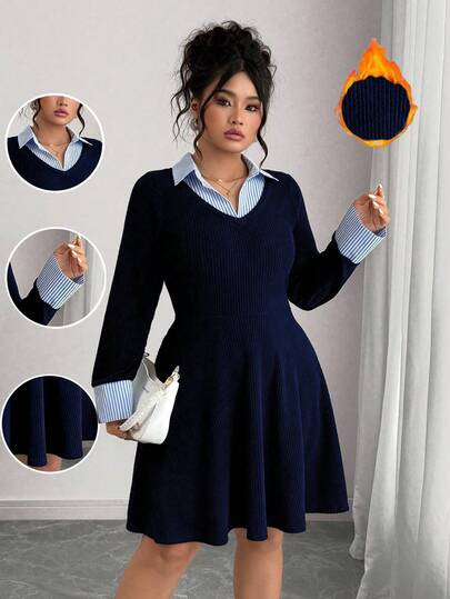 Elenzga Plus Size Striped Patchwork Collar Knit Dress, Autumn/Winter Halloween Winter Dress For Women Blue Nursing Dresses For Women Thermal Peter Pan Collar Dress Long Sleeve Dress Maternity Clothes Fall Winter Knit V Neck Dress Women Fall Winter Dress Striped Collar Dress