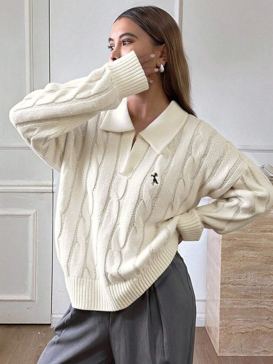 DAZY Jersey de punto de cable con cuello en V para mujer, diseño de cuello bordado, corte holgado, otoño/invierno - Albaricoque - Ver 1