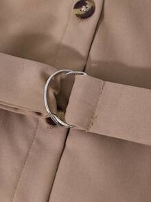 Teen Girl Autumn/Winter Waist Belt Splice Half-Button Lapel Jumpsuit, Casual Minimalist Elegant Daily Comfortable - Khaki - View 5