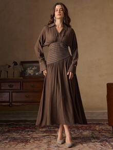 Anewsta Robe élégante à col en V, taille plissée, couleur café lisse avec découpe à la taille, décoration de strass et ourlet à volants, convient pour l'automne, l'hiver, le Nouvel An, les fêtes, les mariages - Café - Voir 3