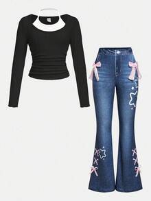 Sweetra Young Girls Bowknot Decor Printed Jeggings & Halter Neck Top 2 Pieces Casual Set - Black - View 1
