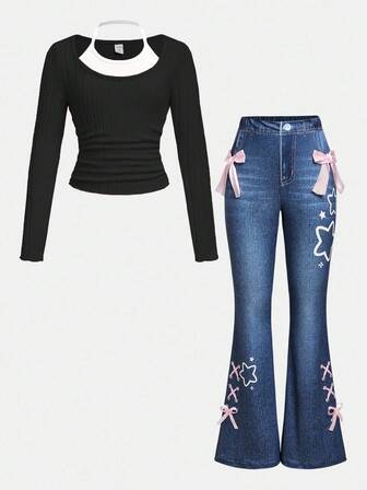 Sweetra Young Girls Bowknot Decor Printed Jeggings & Halter Neck Top 2 Pieces Casual Set